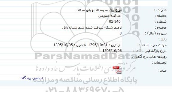 مناقصه ، مناقصه ترمیم شبکه سرقت شده شهرستان زابل 