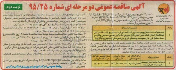 آگهی مناقصه عمومی دو مرحله ای , مناقصه توسعه و احداث ، اصلاح و بهینه سازی شبکه های فرسوده نوبت دوم 