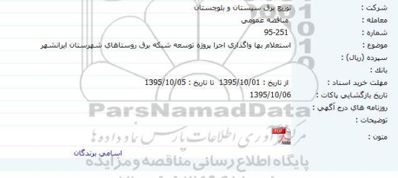 استعلام بها ، استعلام بها واگذاری اجرای پروژه توسعه شبکه برق روستاهای شهرستان ایرانشهر
