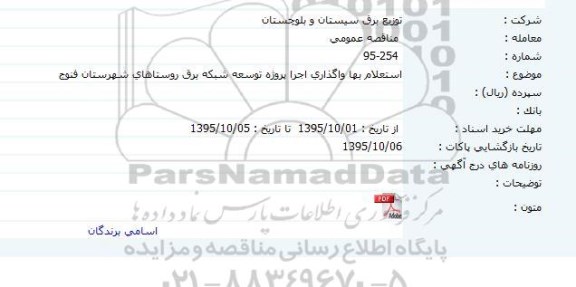 استعلام بها ، استعلام بها واگذاری اجرای پروژه توسعه شبکه برق روستاهای شهرستان فنوج