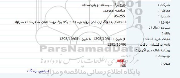 استعلام بها ، استعلام بها واگذاری اجرای پروژه توسعه شبکه برق روستاهای شهرستان سراوان