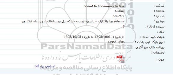 استعلام بها ، استعلام بها واگذاری اجرای پروژه توسعه شبکه برق روستاهای شهرستان نیکشهر