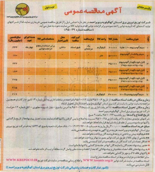 آگهی مناقصه عمومی یک مرحله ای,مناقصه سیم آلومینیوم 120 هاینا