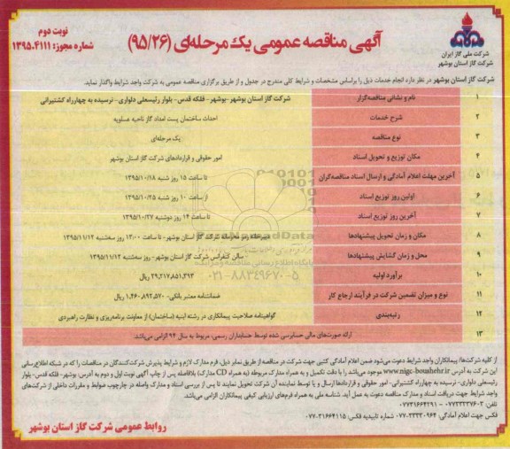 آگهی مناقصه عمومی یک مرحله ای , مناقصه احداث ساختمان پست امداد گاز نوبت دوم