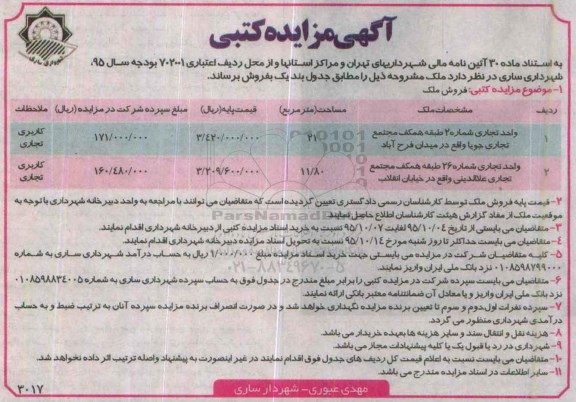 مزایده,مزایده دو قطعه واحد تجاری مساحت 21 و 11.80مترمربع 