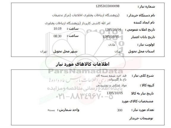 استعلام , استعلام قند خرد شده بسته ای باخ یا گلستان