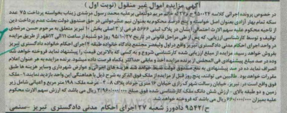 مزایده,مزایده  ملک واقع در خیابان رسالت شهرک رازی کلاسه 950024ج م 
