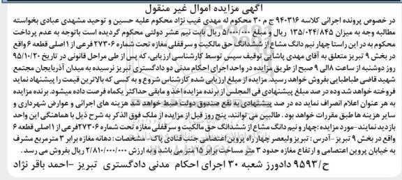 مزایده,مزایده 4 نیم دانگ مشاع از 6 دانگ حق مالکیت و سرقفلی مغازه