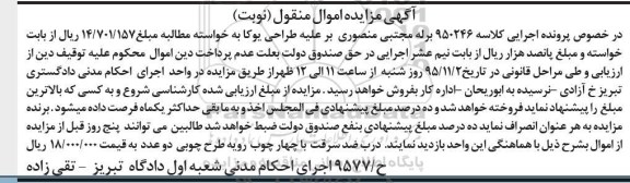 آگهی مزایده اموال منقول, مزایده درب ضدسرقت با چهارچوب رویه طرح چوبی