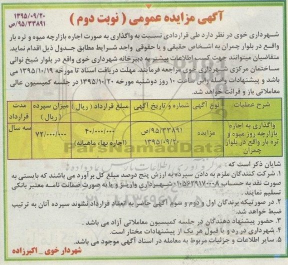 آگهی مزایده عمومی, مزایده واگذاری به اجاره بازارچه روز میوه و تره بار نوبت دوم
