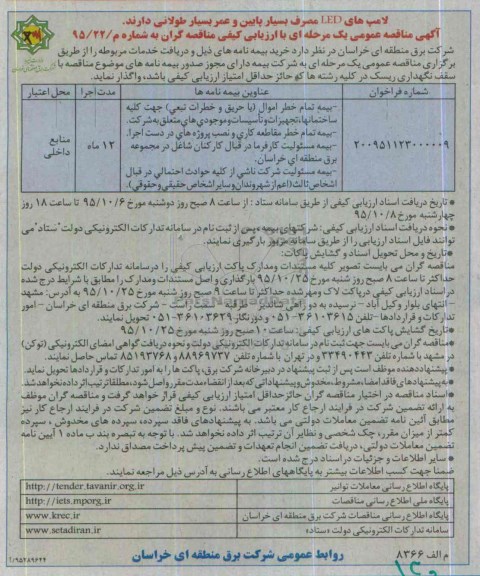 آگهی مناقصه عمومی یک مرحله ای با ارزیابی کیفی مناقصه گران , مناقصه  خرید بیمه نامه ها