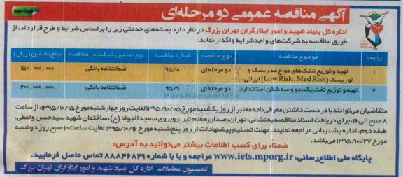 آگهی مناقصه عمومی دو مرحله ای , مناقصه تهیه و توزیع تشک های مواج مد ریسک و لو ریسک .... نوبت دوم