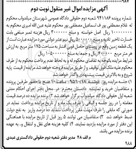 مزایده,مزایده یک قطعه زمین به مساحت صد و هفتاد و پنج متر