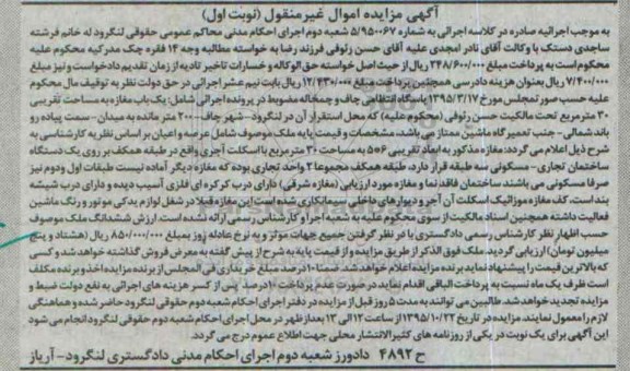 مزایده,مزایده یکباب مغازه به مساحت سی متر نوبت اول
