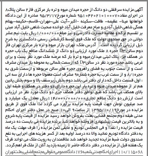 مزایده,مزایده سرقفلی دو دانگ از حجره میدان میوه و تره بار