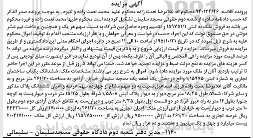 مزایده,مزایده ششدانگ ساختمان تجاری 261.30متر