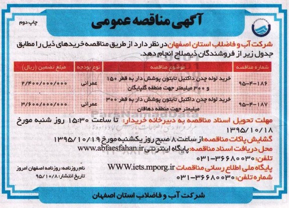 آگهی مناقصه عمومی , مناقصه خرید لوله چدن داکتیل تایتون پوشش دار و ... - چاپ دوم 