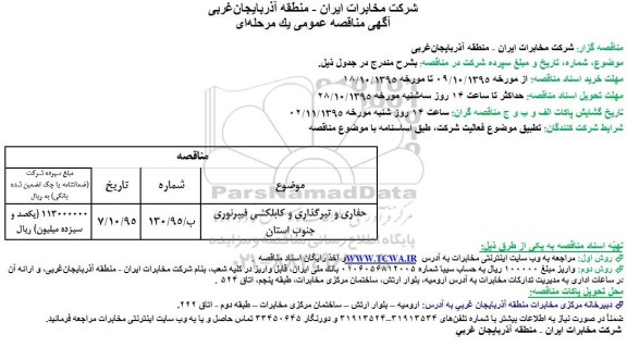 آگهی مناقصه عمومی, مناقصه حفاری  و تیرگذاری و کابلکشی فیبرنوری جنوب استان