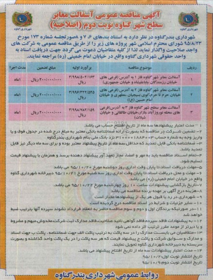 مناقصه آسفالت معابر نوبت دوم ( اصلاحیه 