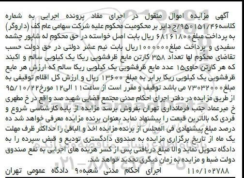 آگهی مزایده, مزایده تعداد 358 کارتن مایع ظرفشویی ریکا