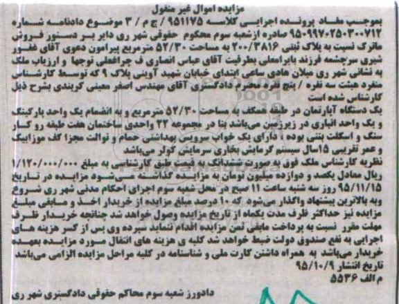 مزایده,مزایده پلاک ثبتی مساحت 52.30مترمربع