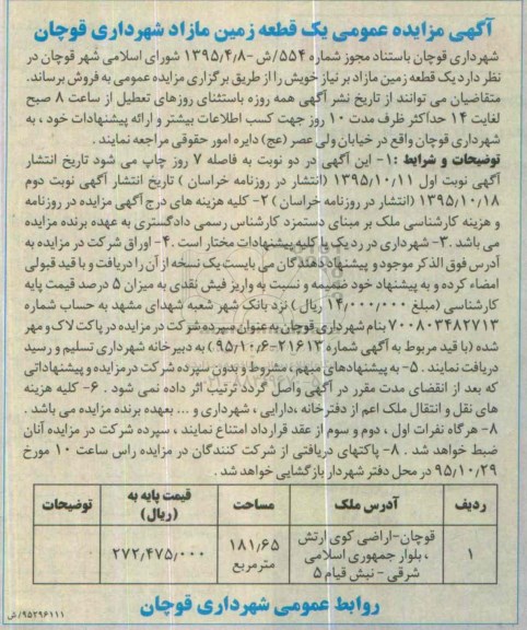 مزایده,مزایده یک قطعه زمین مازاد مساحت 181/65مترمربع 