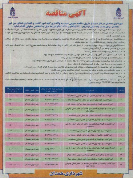 آگهی مناقصه, مناقصه واگذاری کلیه امور کاشت و نگهداری فضای سبز 