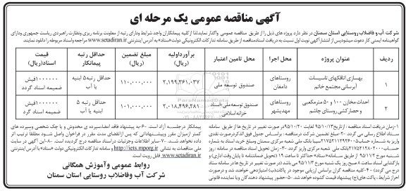 آگهی مناقصه عمومی یک مرحله ای , مناقصه بهسازی اتاقکهای تاسیسات آبرسانی مجتمع خاتم