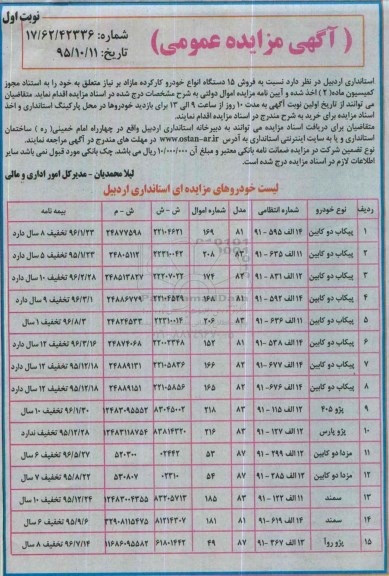 آگهی مزایده عمومی, مزایده  فروش 15 دستگاه انواع خودرو کارکرده مازاد 
