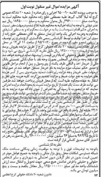 مزایده,مزایده ملک اپارتمان به مساحت صد متر نوبت اول
