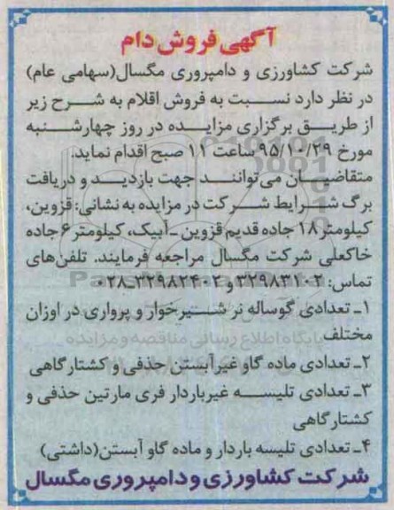 آگهی مزایده ,مزایده فروش تعدادی گوساله نر شیرخوار و پرواری ..... 95.10.13