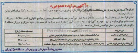 مزایده اجاره نسبت به واگذاری فضاها و اماکن
