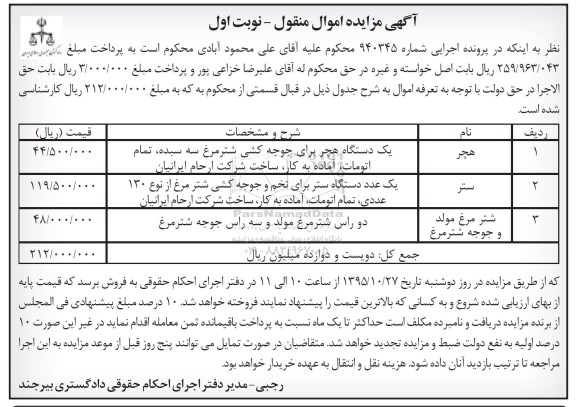 مزایده اموال منقول , مزایده اموال منقول یک دستگاه هچر برای جوجه کشی شترمرغ سه سبده و ...