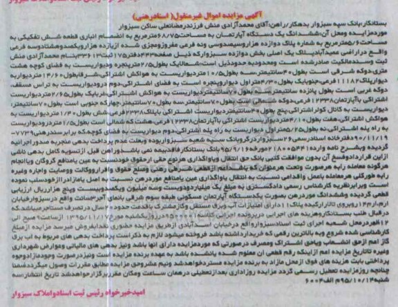 مزایده,مزایده ششدانگ اپارتمان به مساحت 68/75مترمربع
