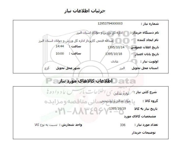 استعلام , استعلام لوازم غذایی 