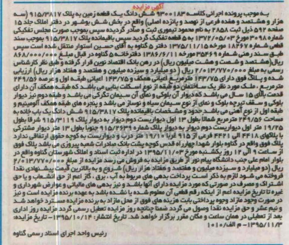 مزایده,مزایده ششدانگ یک قطعه زمین بخش شش بوشهر