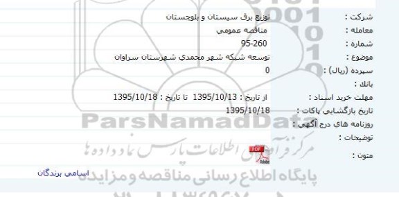 مناقصه توسعه شبکه شهر محمدی شهرستان سراوان