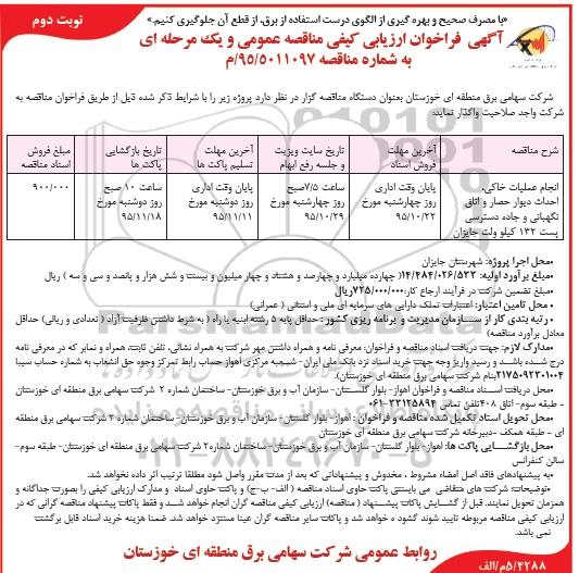 اگهی فراخوان ارزیابی کیفی،  فراخوان انجام عملیات خاکی ، احداث دیوار حصار و اتاق نگهبانی و ....  نوبت دوم 