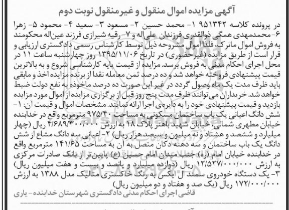 مزایده,مزایده ساختمان مسکونی و خودروی سمند