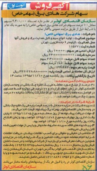 مزایده تعداد 2.400.000 سهم معادل 100 درصد سهام شرکت هادی برق