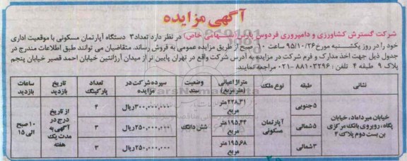 مزایده,مزایده سه دستگاه آپارتمان مسکونی با موقعیت اداری
