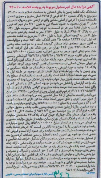 مزایده,مزایده ششدانگ زمین مساحت اصلاح شده 130.10متر