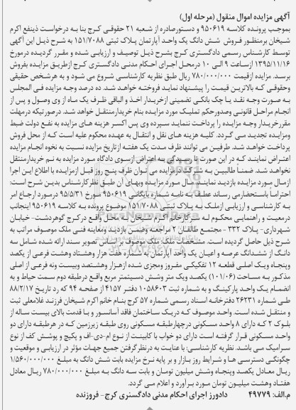 مزایده,مزایده اپارتمان پلاک ثبتی 151/7088 نوبت اول