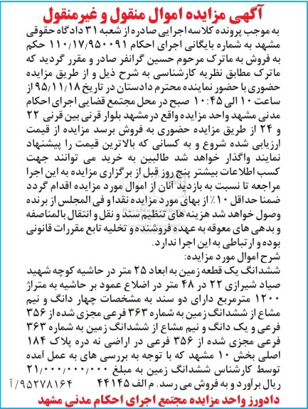 مزایده,مزایده ششدانگ زمین به ابعاد 25 متر