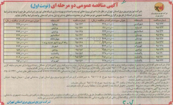 آگهی مناقصه عمومی , مناقصه اجرای پروژه های توسعه و احداث و بهینه سازی شبکه های توزیع