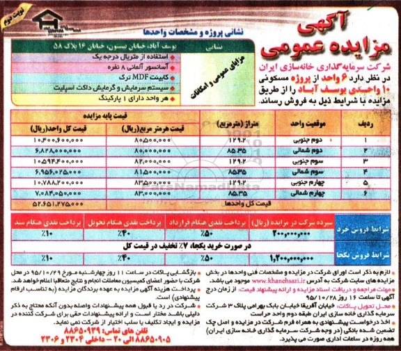 مزایده,مزایده شش واحد از پروژه مسکونی ده واحدی یوسف اباد نوبت دوم 