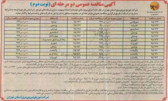 آگهی مناقصه عمومی , مناقصه اجرای پروژه های توسعه و احداث و بهینه سازی شبکه های توزیع نوبت دوم
