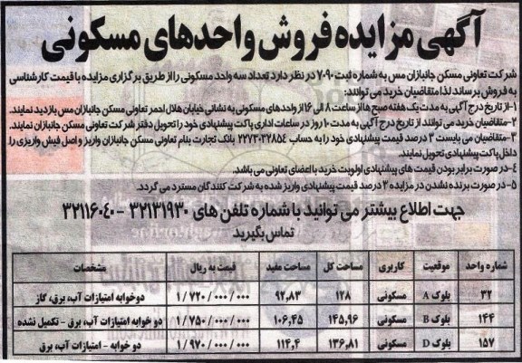 مزایده,مزایده تعداد سه واحد مسکونی دو خوابه 95.10.19