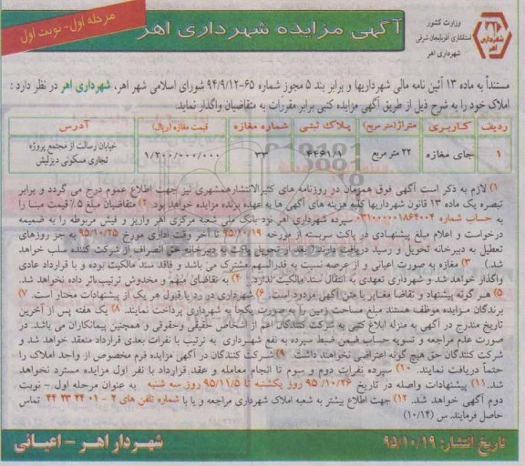 مزایده,مزایده واگذاری پلاک ثبتی 4461.1 کاربری جای مغازه 22 متر 