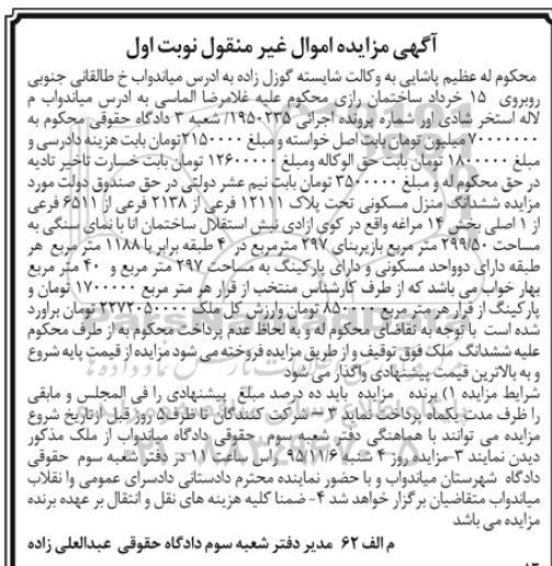 مزایده,مزایده ششدانگ منزل مسکونی مساحت 299.50متر